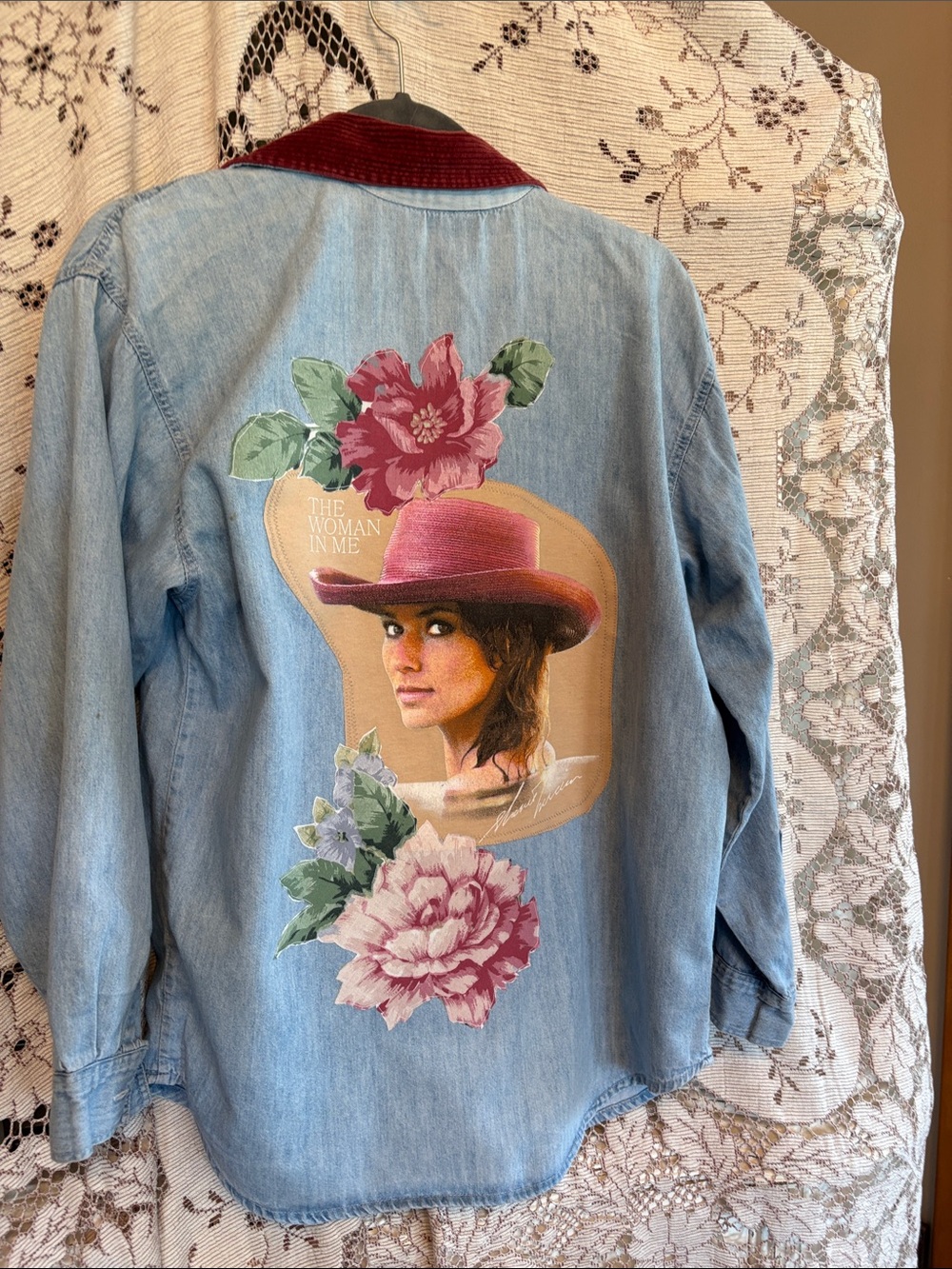 Shania Twain up cycled denim and floral button down shirt